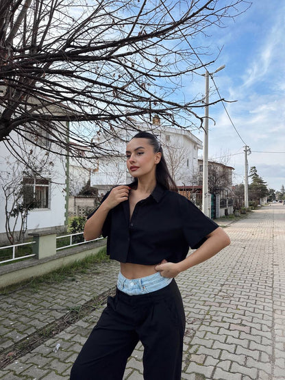 Kısa Kollu Keten Gömlek